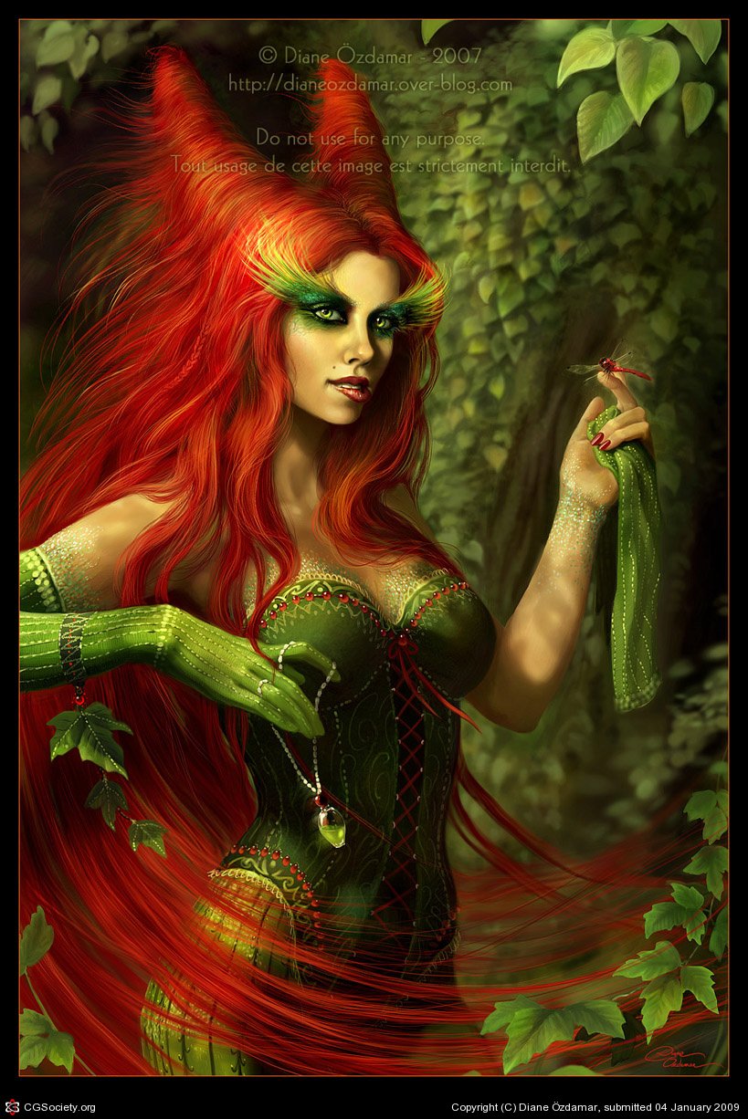 Fantasy artwork of a woman with flowing red hair, vibrant green makeup, and a green outfit, holding a small snake in a lush, leafy forest setting.