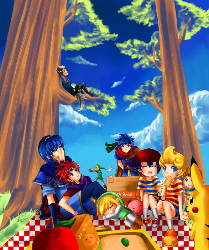 Picnic scene with video game Super Smash Brawl characters—Ness, Lucas, Marth, Ike and Pikachu—relaxing on a red-checkered blanket beneath tall trees and a bright blue sky.