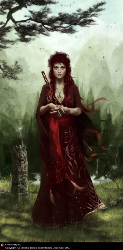 Fantasy artwork of a determined woman in a flowing red dress, holding a sword, standing in a misty, mysterious forest landscape.