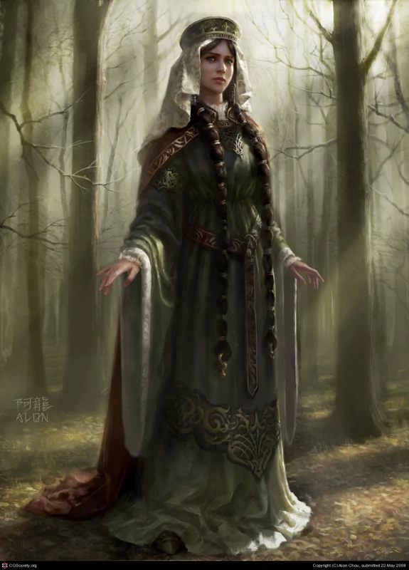 A woman in a flowing green gown adorned with intricate patterns stands gracefully in a misty forest, embodying a fantasy realm filled with mystery and magic.