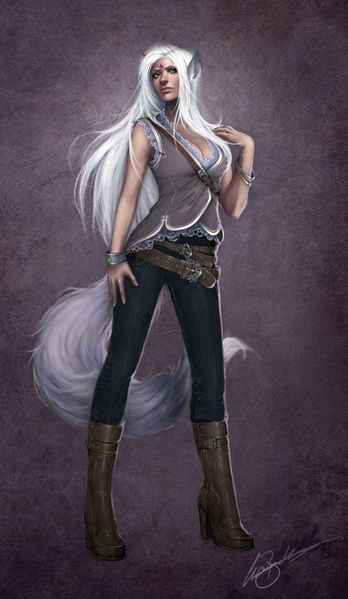 Fantasy woman with long white hair, fox-like ears and fluffy tail, dressed in a fitted vest, belts and high boots, standing confidently against a textured purple-gray backdrop.