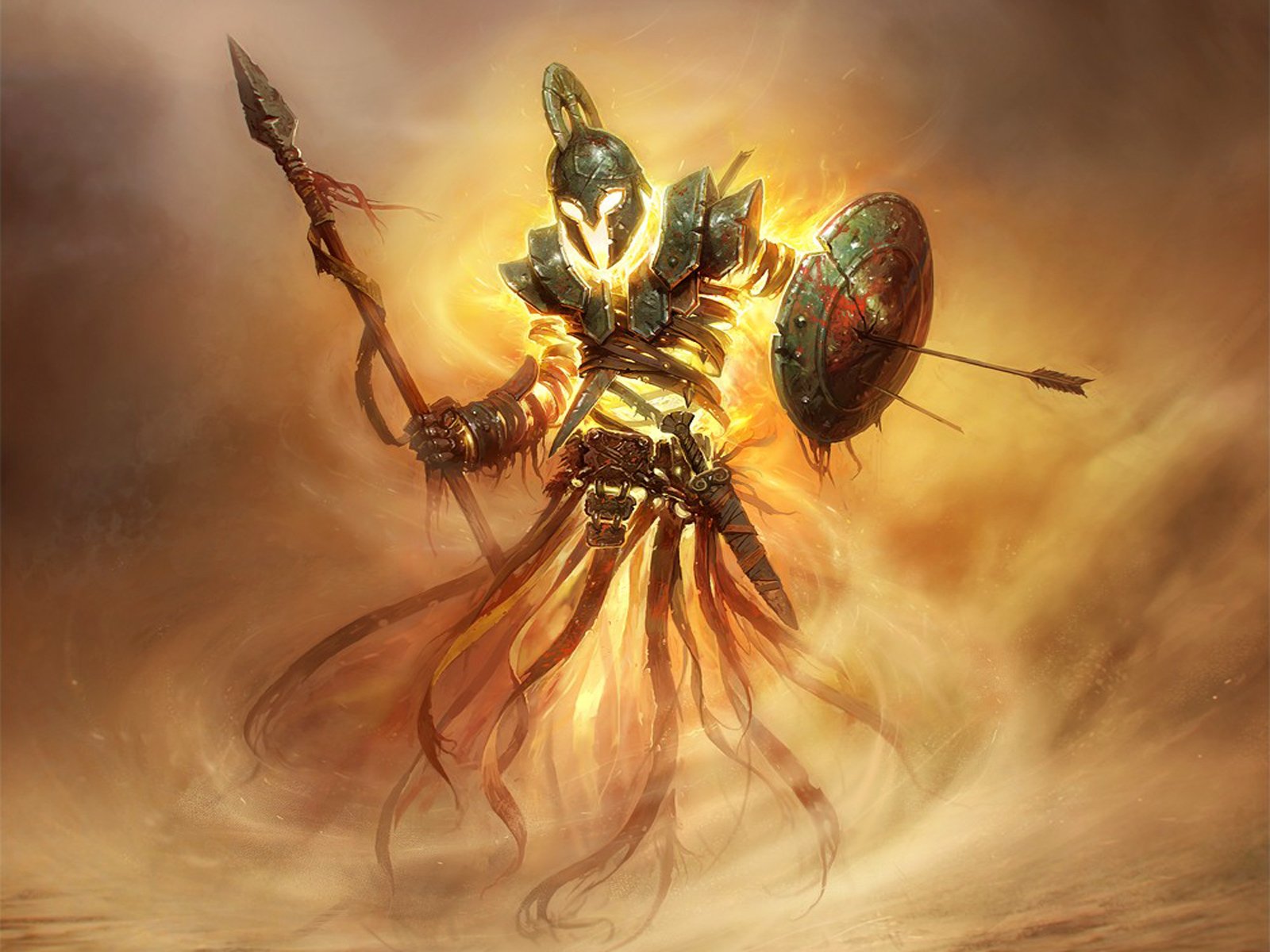 An imposing undead warrior clad in dark armor wields a spear and shield, surrounded by a fiery aura, embodying the essence of darkness and power.