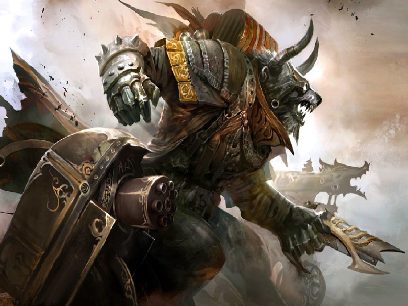 A fierce character from the video game Guild Wars, depicted in detailed armor and wielding a weapon, stands ready for battle against a dramatic, smoky backdrop.
