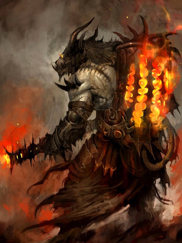 A fierce character from the video game Guild Wars, wielding fire and showcasing an imposing design with armor and a fiery backpack, ready for battle in a dramatic, smoky backdrop.