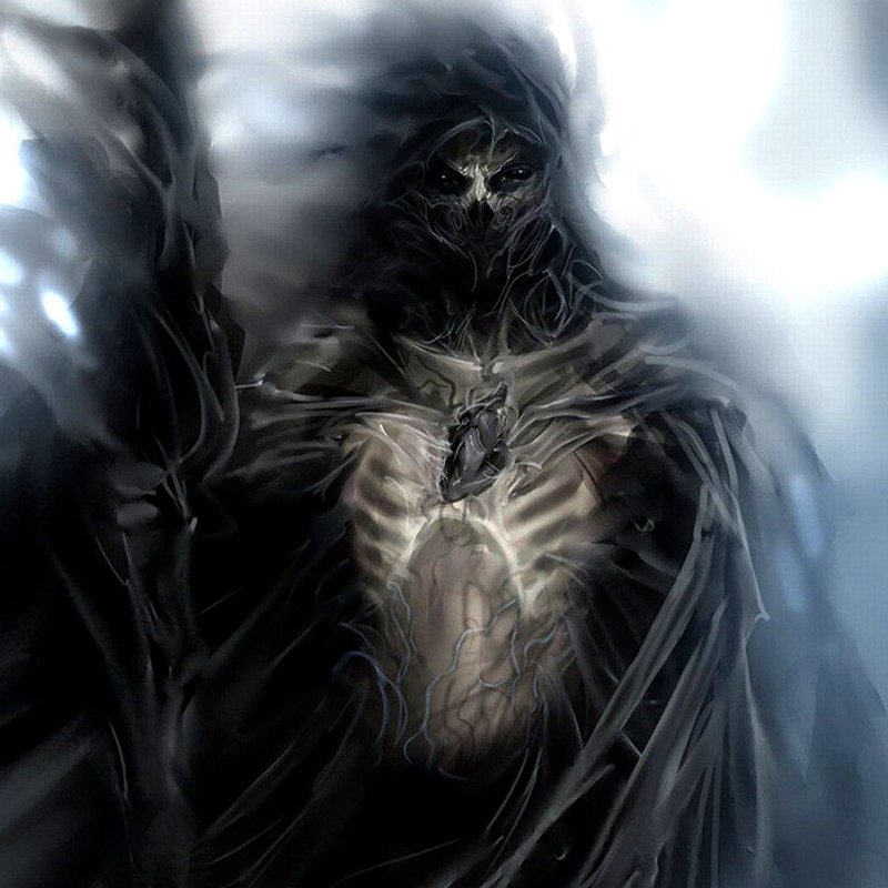 A dark, undead figure shrouded in tattered robes, revealing a skeletal frame. Its haunting presence is accentuated by an eerie glow emanating from its chest.
