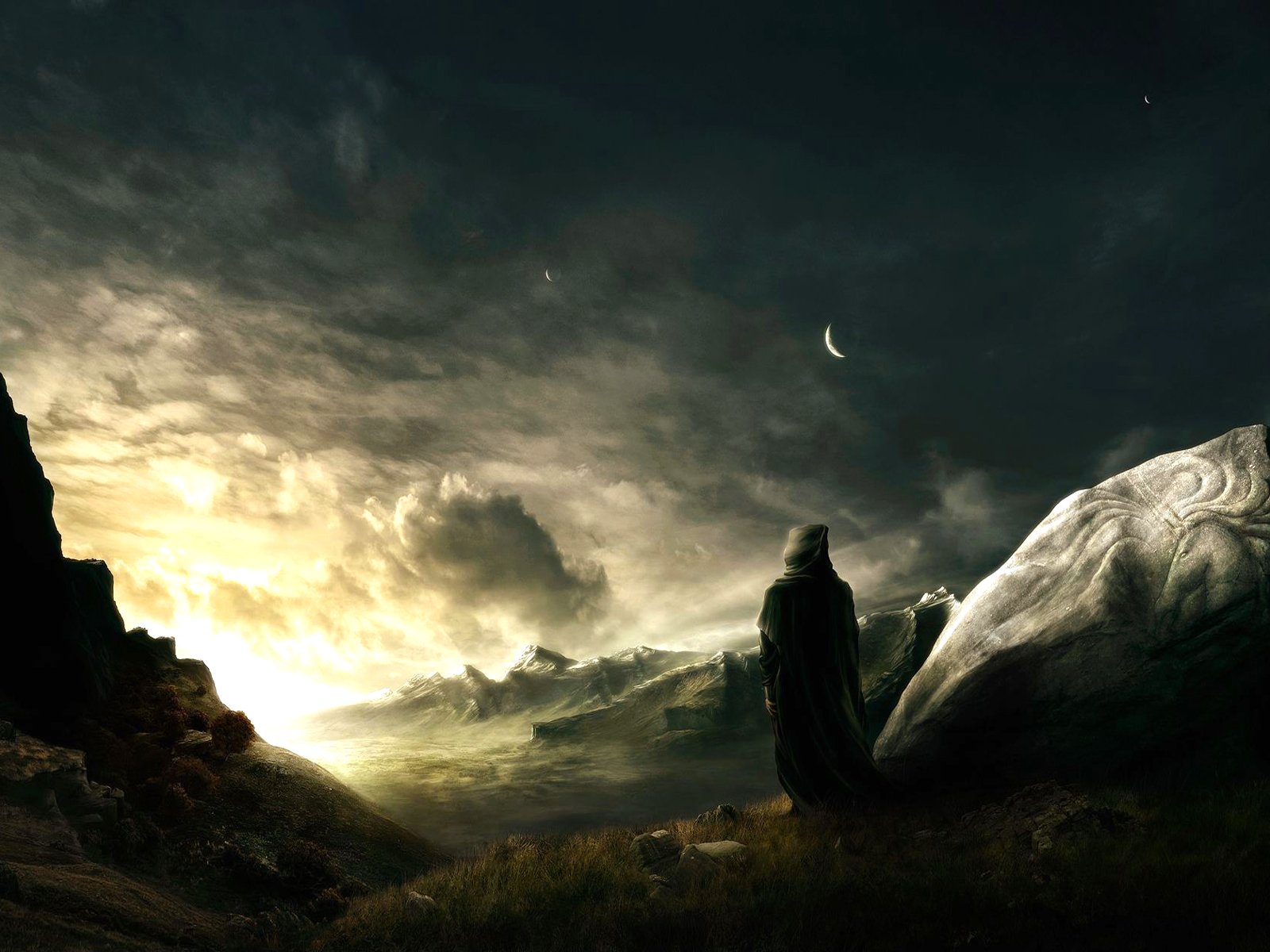A cloaked figure stands before a dramatic fantasy landscape, with swirling clouds and distant mountains under a crescent moon, evoking a sense of mystery and adventure.