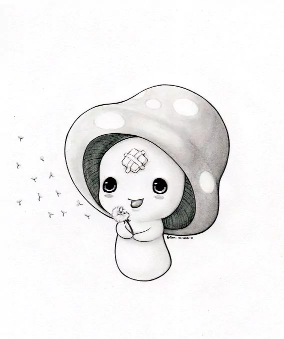 A cute, cartoonish mushroom character from the video game Grand Chase, happily blowing dandelion seeds, exuding whimsy and charm.