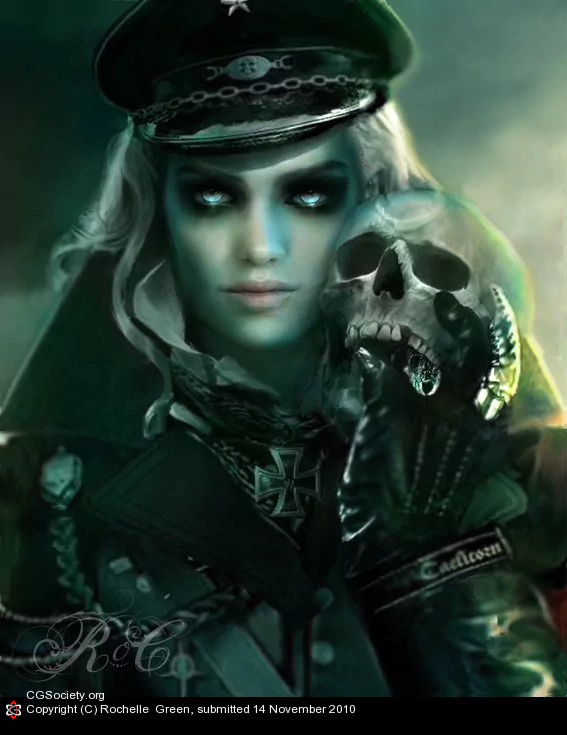 A dark witch with glowing eyes wears a military-style hat and holds a skull adorned with metallic claws, set against a smoky, eerie background.