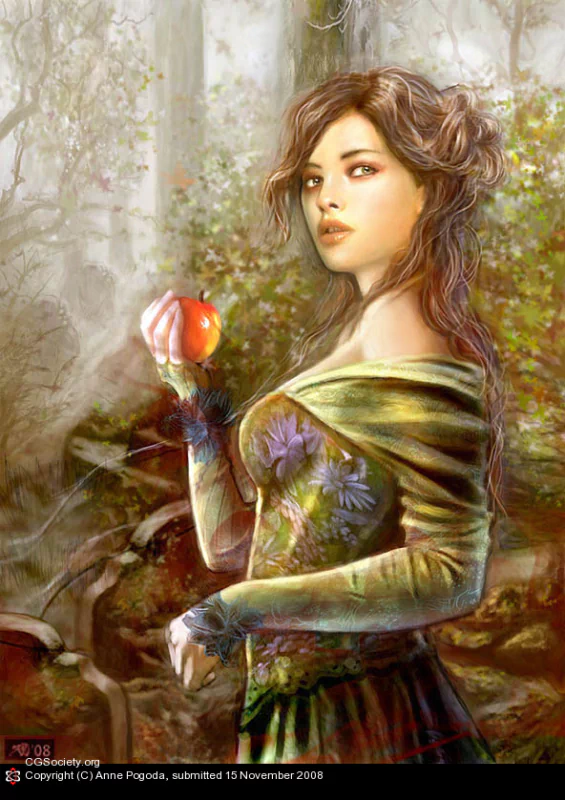 A fantasy-themed digital painting of a woman in a flowing dress holding a red apple, set against a misty, enchanted forest background.