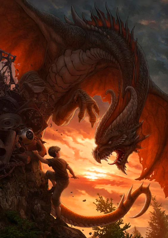 A young hero faces a majestic dragon, both set against a dramatic sunset, embodying the essence of fantasy and adventure in a captivating scene.