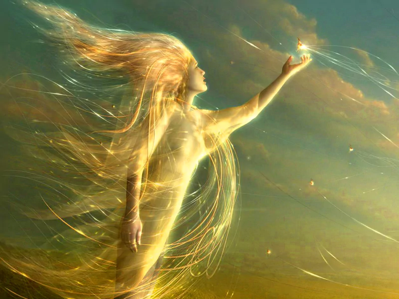 A ethereal figure with flowing hair reaches out towards a glowing elemental light, set against a vibrant sky, embodying the enchanting essence of fantasy.