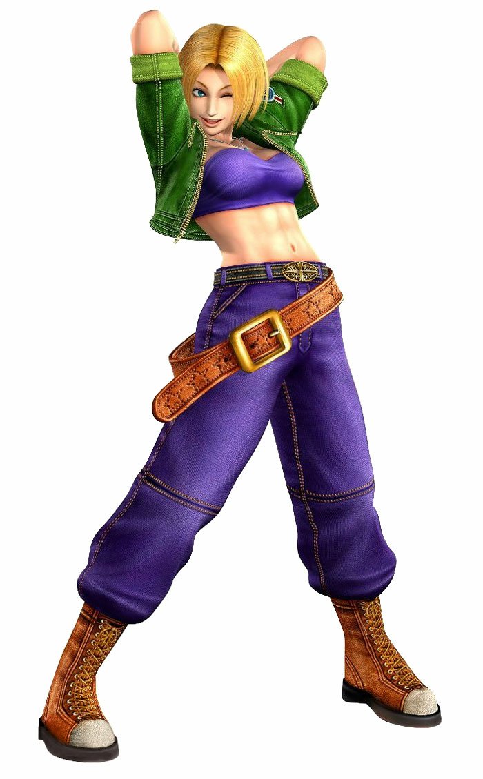 Blue Mary from The King of Fighters video game: blonde fighter in a green cropped jacket with purple crop top and pants, brown belt and boots, hands behind head, winking pose.