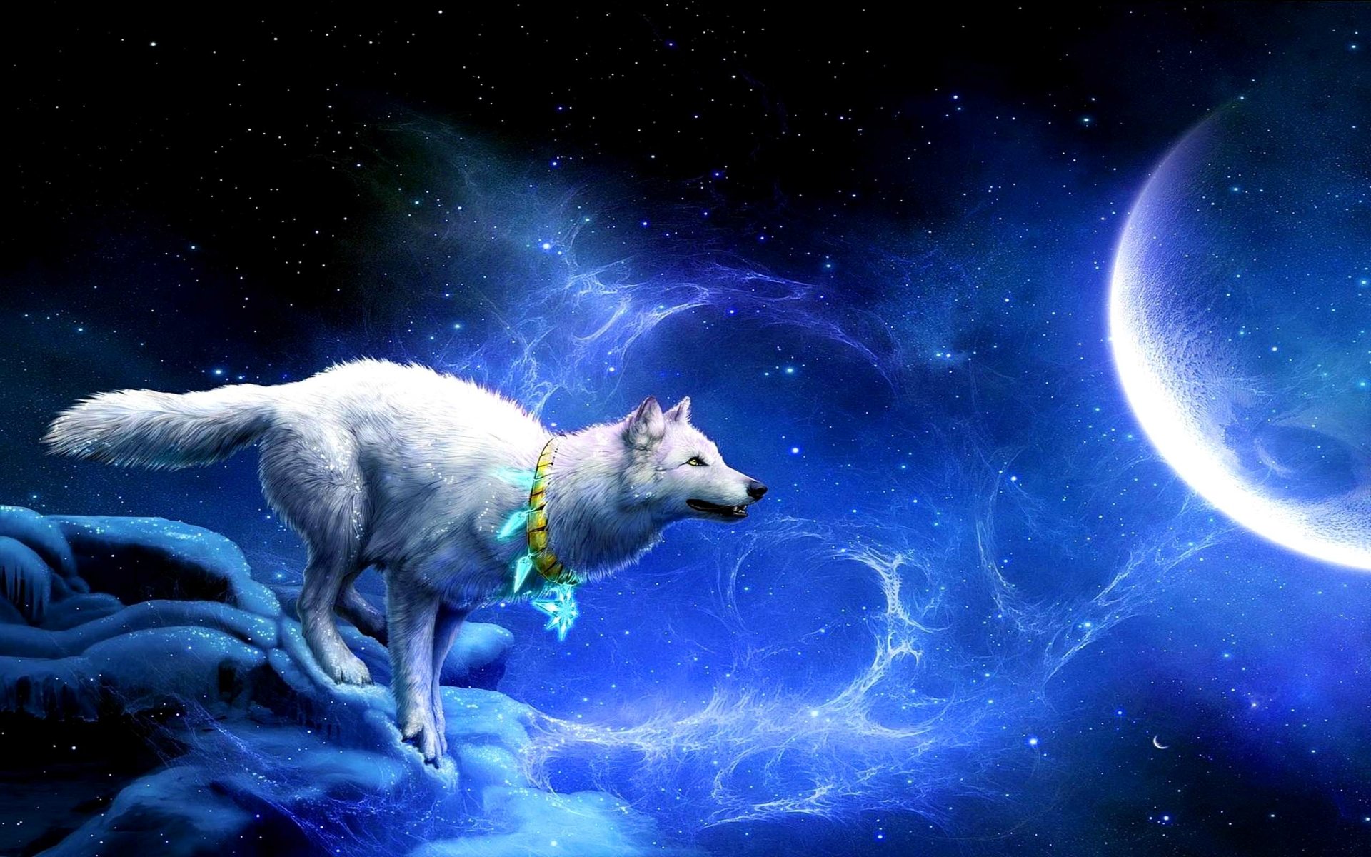 A solitary white wolf stands on a rocky surface, gazing at a distant planet against a vibrant cosmic background, embodying a sense of wonder and adventure.