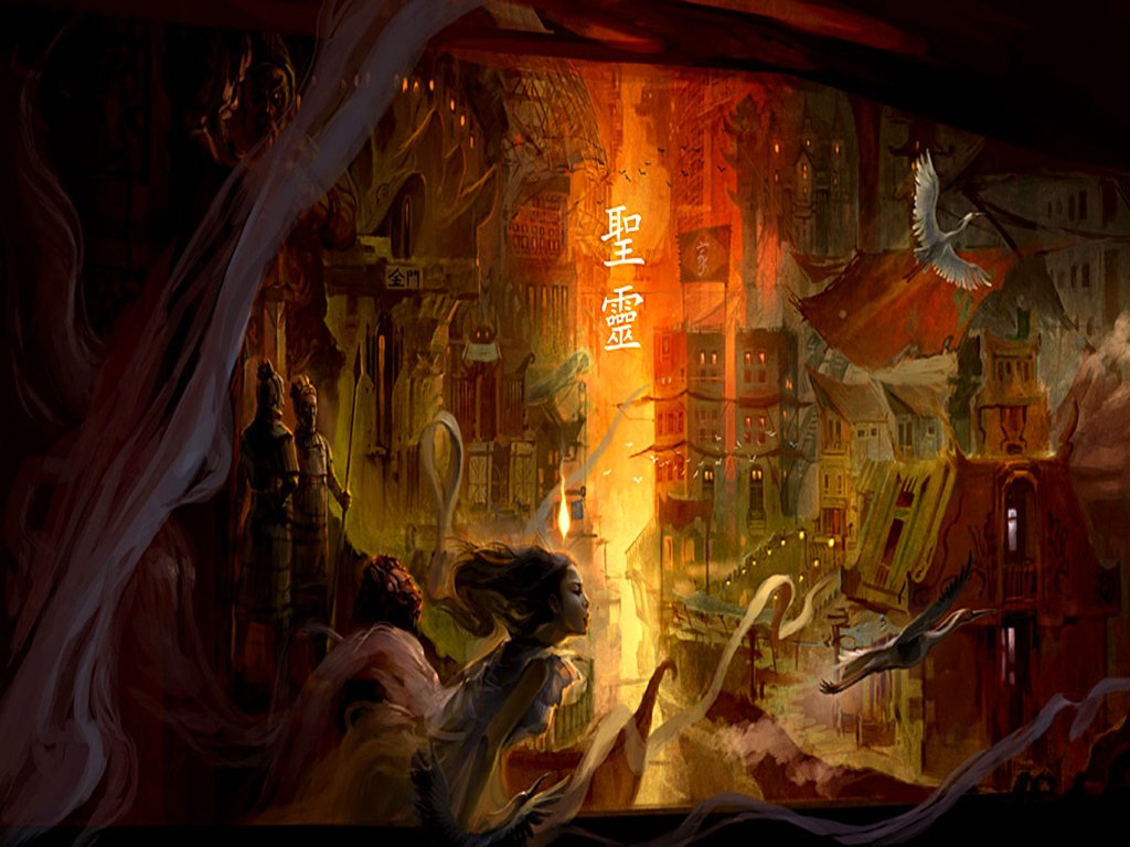 An enchanting, powerful artistic scene depicting a vibrant eastern city, alive with dynamic colors and mystical elements, inviting viewers to explore its magical depths.