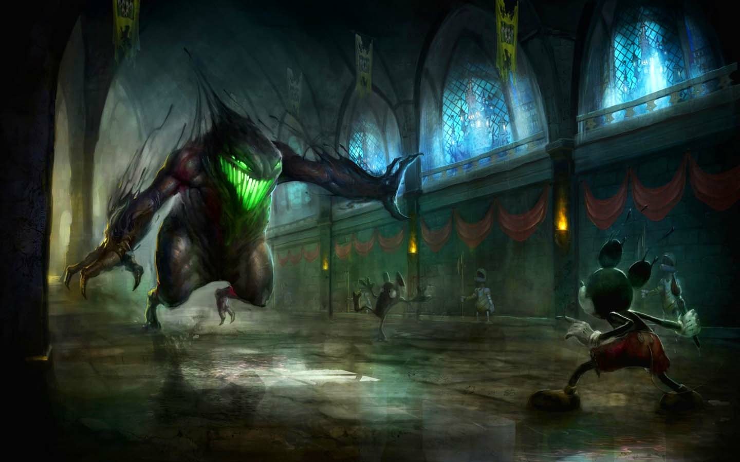 A dramatic scene from the video game Epic Mickey, featuring Mickey Mouse confronting a menacing creature in a dark, grand hall filled with eerie shadows.