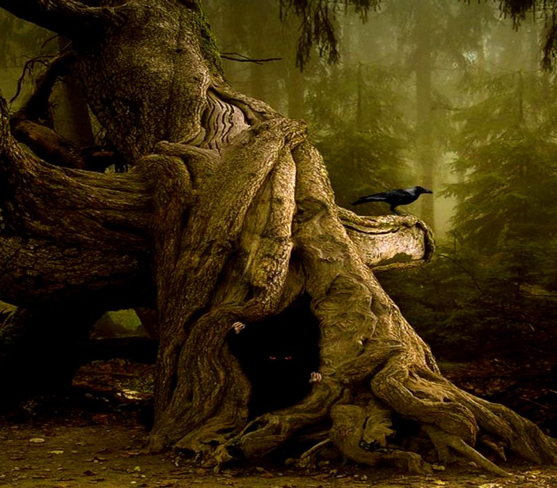 A dark, eerie forest scene features a gnarled tree with twisted roots and a crow perched on a branch, enveloped in a haunting mist that adds to the chilling atmosphere.