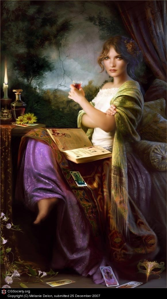 Fantasy woman in ornate robes sits by candlelight, holding a goblet beside an open grimoire and tarot cards, gazing from a misty, enchanted forest–lined chamber.