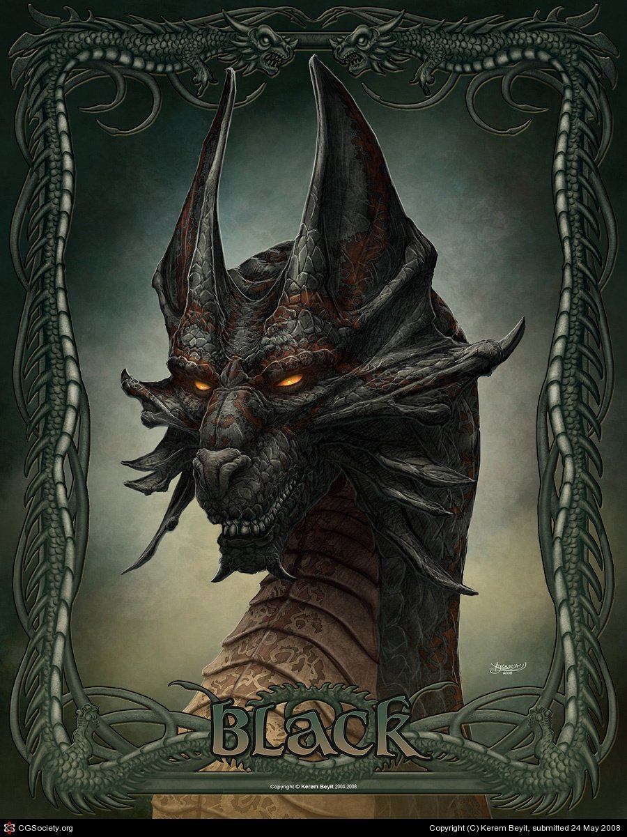 A detailed fantasy illustration of a fierce black dragon with glowing orange eyes, intricate scales, and prominent horns, framed by an ornate border featuring dragon motifs.