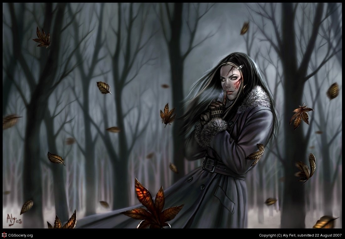 A dark, mysterious woman stands in a foggy forest with autumn leaves swirling around her, wearing a long coat and a serious expression.