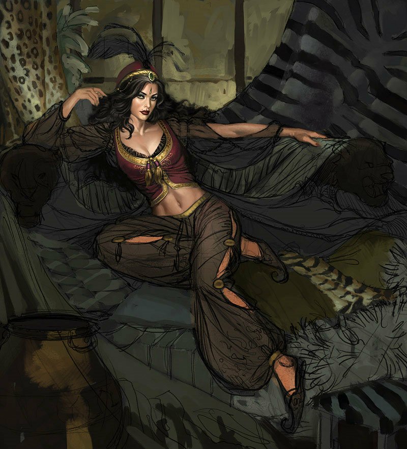 Reclining fantasy woman in ornate, revealing garments and a feathered headpiece lounges among plush cushions and animal-print furs in a dim, exotic tent.