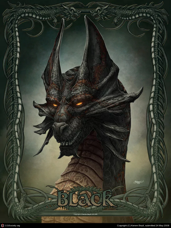 A detailed fantasy illustration of a fierce black dragon with glowing orange eyes, intricate scales, and prominent horns, framed by an ornate border featuring dragon motifs.