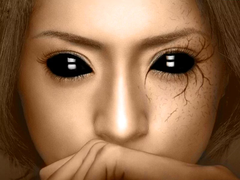 A close-up of a person's face with striking black eyes, showcasing dark fantasy elements, and deep cracks on the skin, conveying an intense and haunting atmosphere.