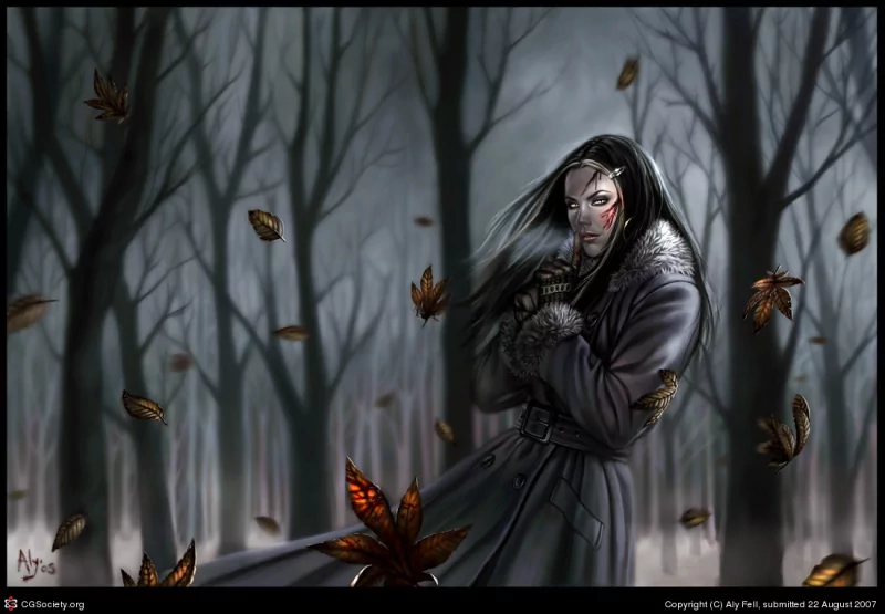 A dark, mysterious woman stands in a foggy forest with autumn leaves swirling around her, wearing a long coat and a serious expression.