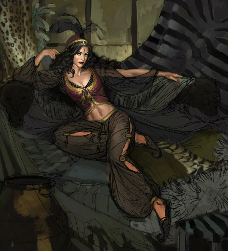 Reclining fantasy woman in ornate, revealing garments and a feathered headpiece lounges among plush cushions and animal-print furs in a dim, exotic tent.