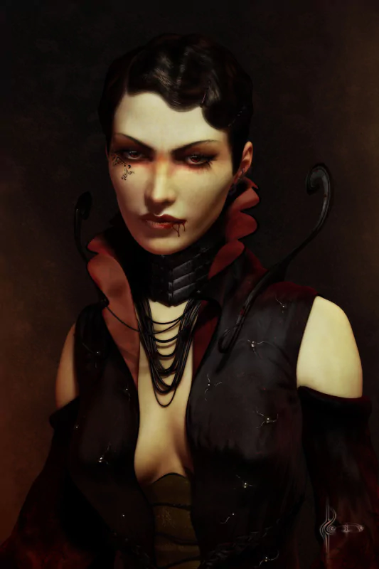 A dark fantasy portrait of a pale vampire woman with blood dripping from her lips, wearing gothic attire and intricate black accessories against a shadowy background.