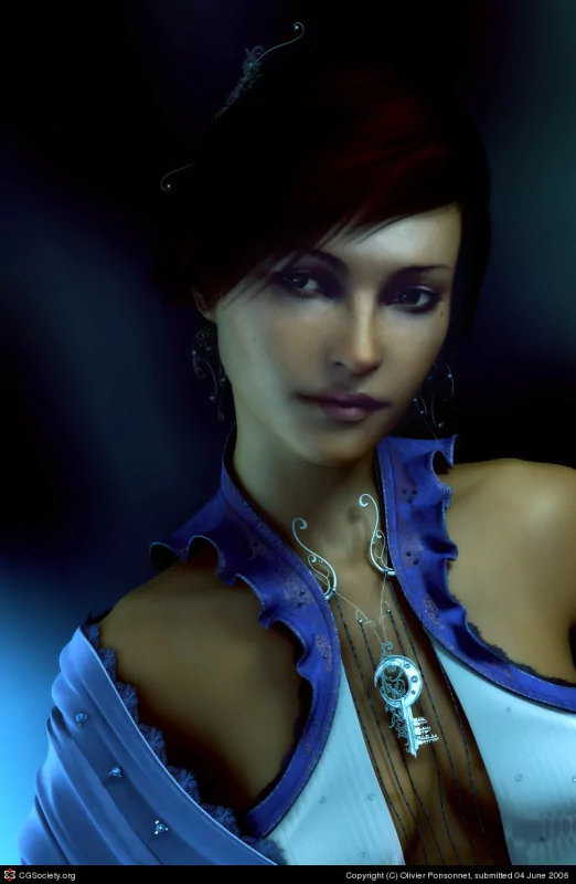 Fantasy woman portrait: dark hair, luminous skin, blue ruffled gown and ornate key pendant, her face framed by soft, moody, ethereal lighting.