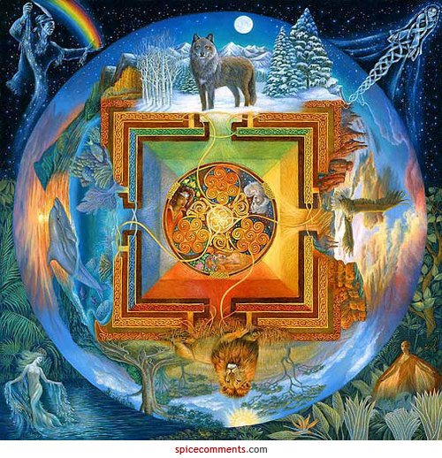 An abstract symbol encapsulates a vibrant world, featuring a wolf, lion, and mystical landscapes, blended with celestial elements, representing harmony and interconnectedness.