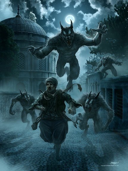 A terrified man runs through a dark, eerie setting as fearsome werewolves leap towards him under a glowing moon, creating a chilling atmosphere of suspense and danger.