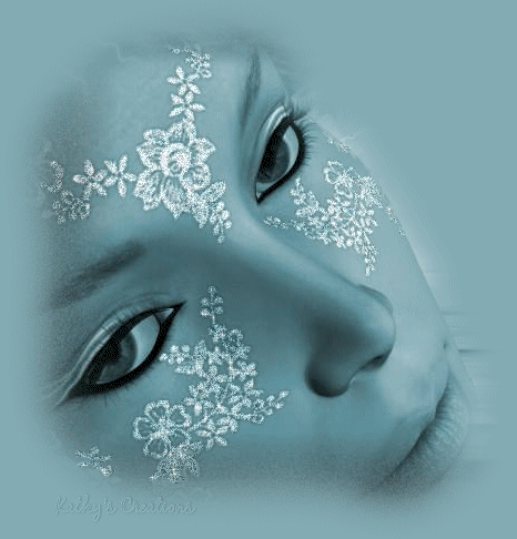 Fantasy portrait of a woman in teal tones with intricate white floral lace on her face, the patterns evoking the delicate spray of a geyser.