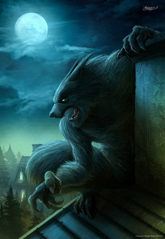 A dark scene features a menacing werewolf perched on a rooftop, its eyes glowing under the full moon, with eerie mountains and a quiet village in the background.