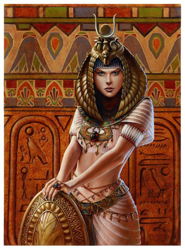 Fantasy artwork of a woman dressed in ancient Egyptian-inspired attire, holding a golden shield, set against a backdrop of hieroglyphs, evoking the Age of Mythology.