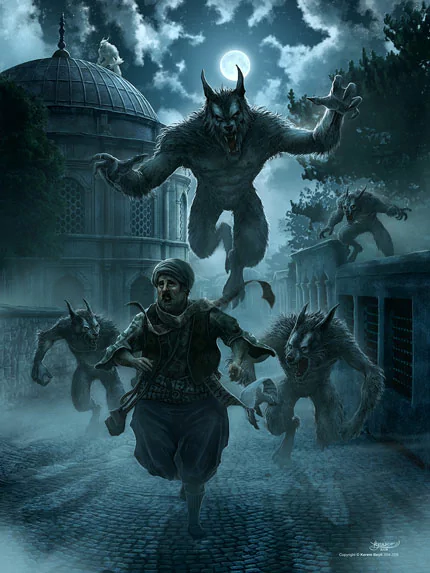 A terrified man runs through a dark, eerie setting as fearsome werewolves leap towards him under a glowing moon, creating a chilling atmosphere of suspense and danger.