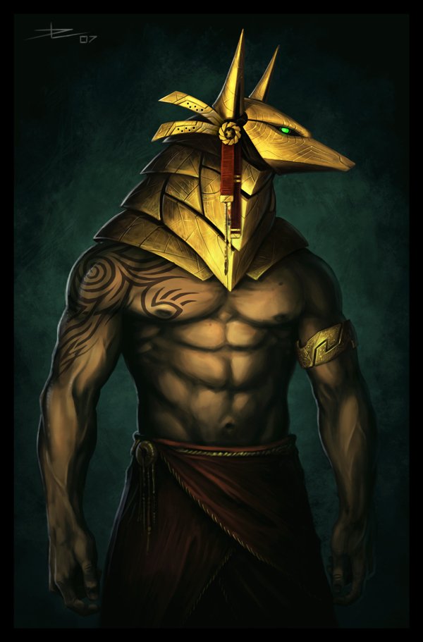 Fantasy artwork of a muscular man with tribal tattoos, wearing a golden Anubis-style jackal helmet and a dark draped cloth around his waist.