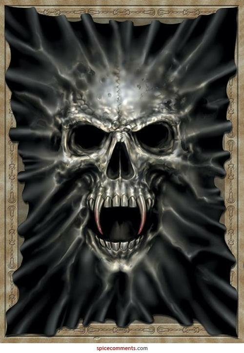 A dark, fantasy-inspired vampire skull with sharp fangs emerges from a torn, shadowy background framed by an ornate border.