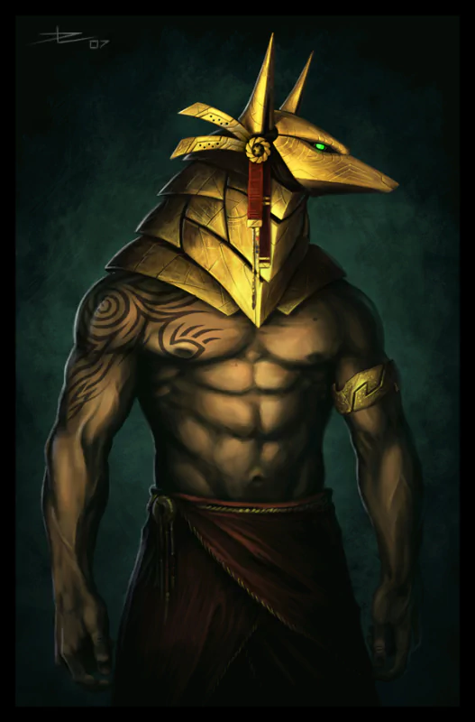 Fantasy artwork of a muscular man with tribal tattoos, wearing a golden Anubis-style jackal helmet and a dark draped cloth around his waist.