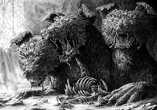 Artistic black-and-white drawing of three fierce, snarling wolf heads emerging from a textured, shadowy background above skeletal remains.
