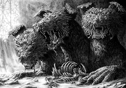 Artistic black-and-white drawing of three fierce, snarling wolf heads emerging from a textured, shadowy background above skeletal remains.