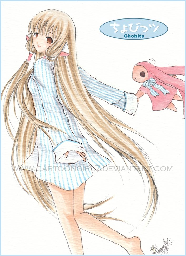 A character from the anime Chobits, featuring a girl with long blonde hair in a striped nightgown, holding a small pink creature with expressive eyes.