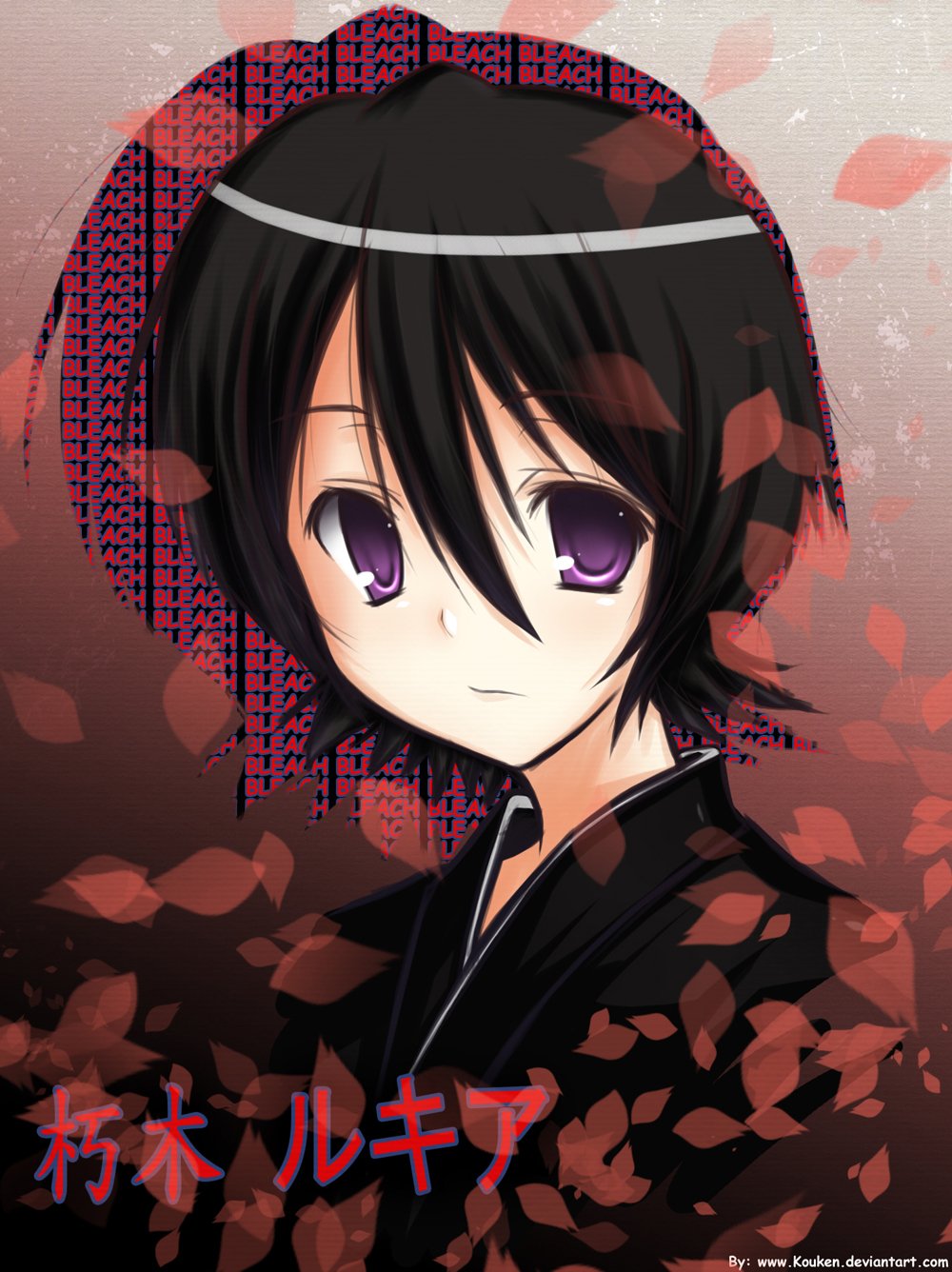 A character from the anime Bleach, featuring short black hair, purple eyes, and a dark outfit, surrounded by falling leaves and an abstract background.