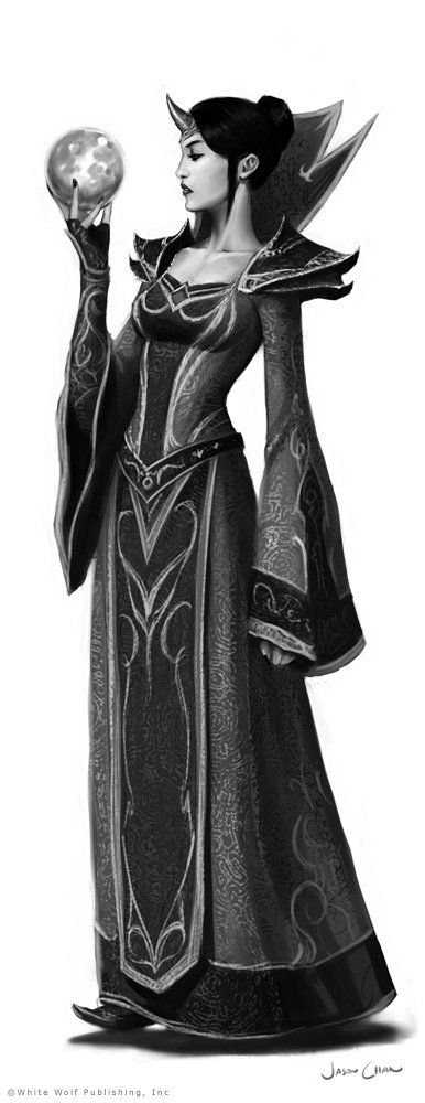 Artistic black-and-white drawing of a regal sorceress in ornate robes holding a glowing orb, with Brasilian decorative motifs and subtle air force-style epaulets and insignia.