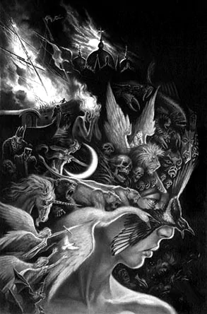 Artistic drawing featuring a surreal profile of a face intertwined with wings, skulls, mythical creatures, and smoky, ethereal elements in a dark, dramatic composition.