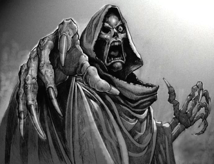 Artistic drawing of a skeletal grim reaper with an open mouth, wearing a hooded cloak and reaching forward with bony hands in a dark, eerie atmosphere.