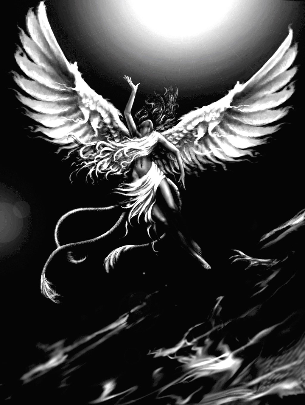 A dramatic black-and-white artistic drawing of a winged figure rising against a bright light, embodying a sense of freedom and ethereal beauty.