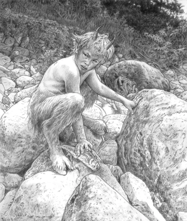 A detailed artistic drawing of a young, horned figure with fur, crouching on rocks, surrounded by nature, expressing a blend of curiosity and mischief.