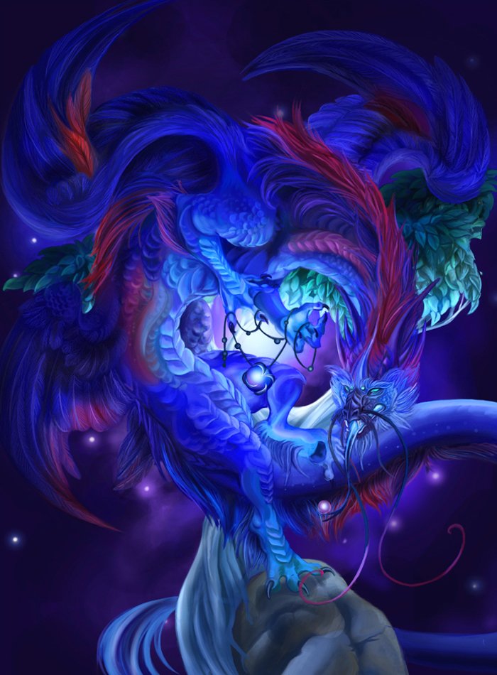 A vibrant fantasy scene depicts a majestic dragon with intricate blue and red feathers, set against a cosmic backdrop, exuding an aura of mystery and power.