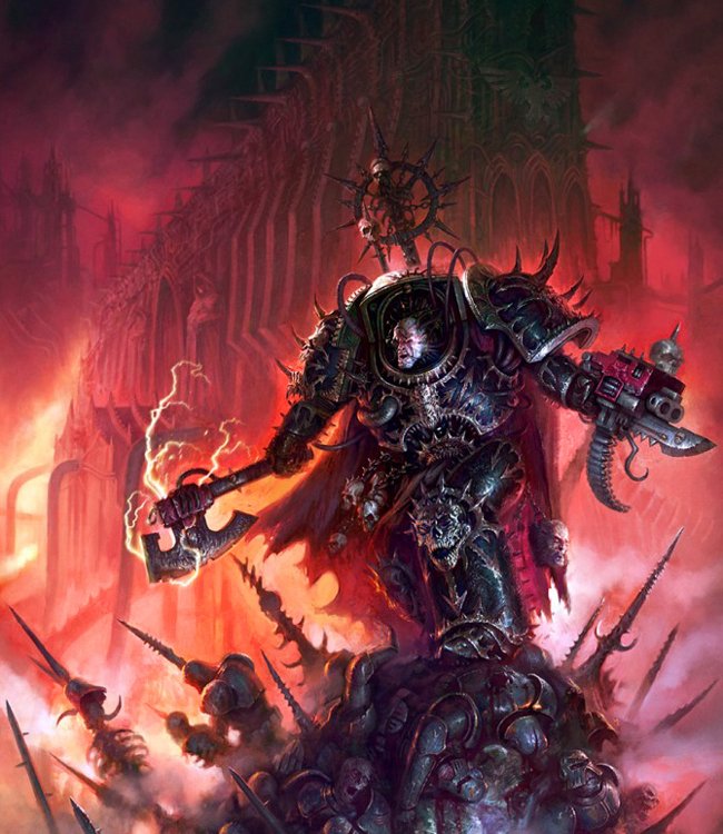 A powerful figure from Warhammer Inquisition stands amidst a fiery landscape, wielding an imposing weapon, surrounded by ominous spikes and a dark, Gothic architecture backdrop.